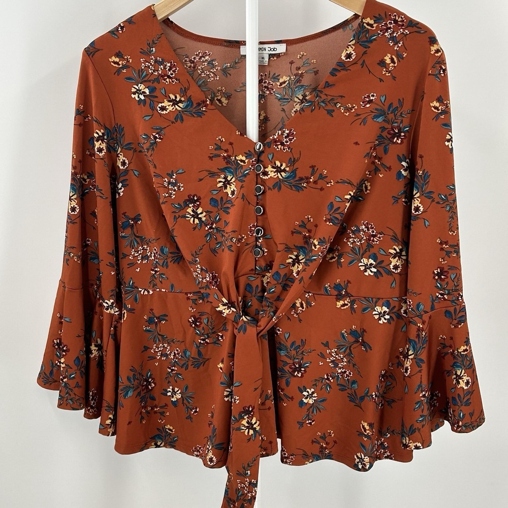Uncommon Job Floral Tie Front Blouse XL Boho Bell Sleeve Rust Orange Cottagecore